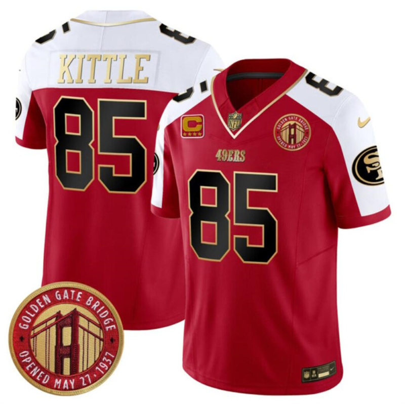 Men's San Francisco 49ers #85 George Kittle Red/White F.U.S.E. With 4-Star C Patch Golden Gate Bridge Patch Alternate Vapor Limited Stitched Football Jersey